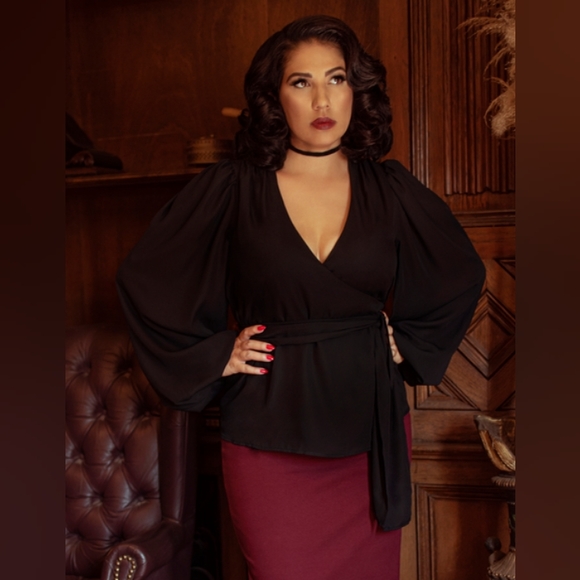 La Femme en Noir Tops - Backlot Georgette Wrap Top in Black
